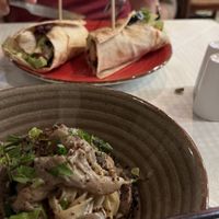 mushroom pasta and falafel roll  at Tabule Rasa in Corfu