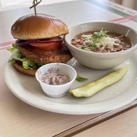 Vortex burger with pinto beans and side of vegan chipotle mayo    at Food for Thought Cafe in Joshua Tree