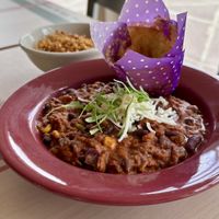 Veggie/Vegan chili(ask for vegan cheese) with side of rice and cornbread.   at Food for Thought Cafe in Joshua Tree