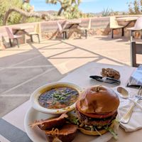 Vortex burger with soup on the sweet patio at Food for Thought Cafe in Joshua Tree