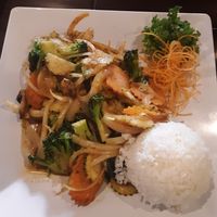 Thai Basil Veggie with white rice at Sakeba Sushi & Sake Bar in Kissimmee