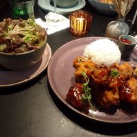 Cauliflower 'wings' with barbecue sauce, basmati rice, and green salad at Restaurant Führich in Vienna