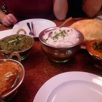 from left to right : malai kofta, banana dal spinach, basmati rice, garlic bathura and stuffed eggplant - all vegan! at Naveena Path in Berlin