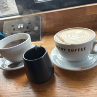 Large oat dirty chai and also coffee w oat milk   at Crosby Coffee in Liverpool