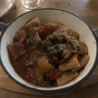 Arrabiata pasta with vegan chicken   at Bresca in Madrid
