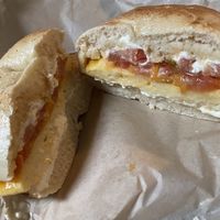 Vegan breakfast bagel, no mustard  at Angeline's Bakery and Cafe in Sisters