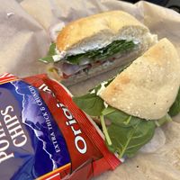 Veggie bagel sandwich with cucumber dill vegan cream cheese!  at Angeline's Bakery and Cafe in Sisters