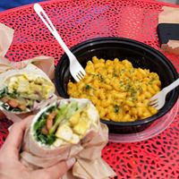 Veggie wrap with curry tofu and Mac and cheese. at Angeline's Bakery and Cafe in Sisters
