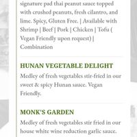 Online menu shoeing detailed vegan options at Tea Tree Asian Bistro in Perrysburg