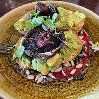 Avocado and mushrooms on sourdough toast with beetroot hummus   at The Potting Shed Cafe in St Albans