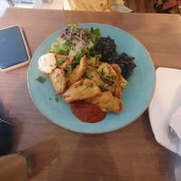 The fried oyster mushrooms with vegetable risotto, vegan mayo and barbecue sauce at Upcafe in Split