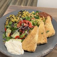 Tofu meal: risotto with vegetables, veggie mix, raw salad, vegan mayo, bbq sauce and tofu tempura  at Upcafe in Split