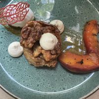 Pastel de nata, tonka bean, walnut, grilled nectarine, lime sour cream ice  at Lucky Leek in Berlin