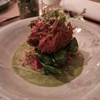 Hemp tofu with crispy potato, spinach nd some beetroot at Lucky Leek in Berlin