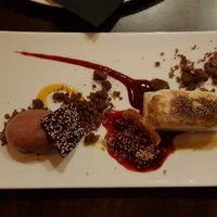 Farina pudding, baiser, chocolate crumble, raspberry, plum ice cream - delicious! at Lucky Leek in Berlin