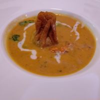 Sweet potato Asian-inspired soup with a pumpkin seed fried wonton. at Lucky Leek in Berlin