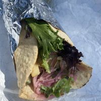 No protein wrap with six toppings and the two vegan sauces (a tahini sauce and hummus)  at Kefi Fast Fresh Mediterranean in Bend