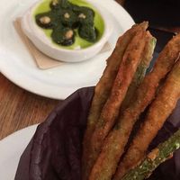 Stuffed mushrooms and fried green beans. Both are amazing. at Rise Above in St Catharines