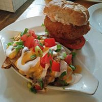 chickpea burger and deluxe fries at Rise Above in St Catharines
