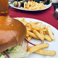 Vegan burger and vegan vegetable kebab, both with fries/chips.  at Barbacoa Cocktail Bar in Gran Canaria