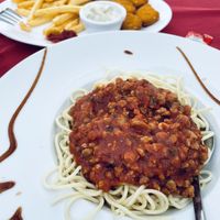 Kid’s menu, vegan nuggets with fries and a vegan spaghetti bolognaise😋  at Barbacoa Cocktail Bar in Gran Canaria