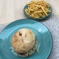 "Bacon-cheese” burger with fries   at Fast Vegan in Fuengirola