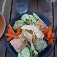 Tortilla chips and veggies and different dips yummo at Paprika in Granada