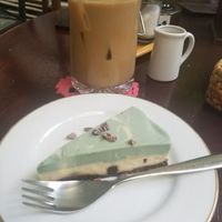 iced coffee with soymilk and mint chocolate raw cake  at Falafel Garden in Kyoto