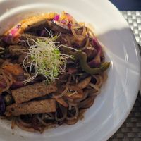 Asian noodles with veggie sausage at Green Gamut in Grand Bahama