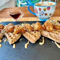 Cauliflower and wheat waffles! Delicious coffee !  at Green Gamut in Grand Bahama