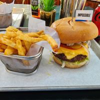 Vegan cheeseburger and fries at Burger Meister in Miami Beach