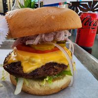 Vegan cheeseburger close-up at Burger Meister in Miami Beach