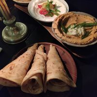 Hummus, babaganoush and chickpea bread at Rainarai - Polonceaukade in Amsterdam