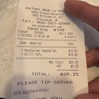 Lunch special receipt   at Asian Wok n Roll - Millcreek Dr in Mississauga