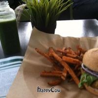 Cali8 with sweet potato fries and All Green Everything juice at Green Seed Vegan in Houston
