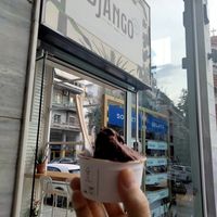 Aztec Chocolate small cup, in front of the cafe at Django in Athens