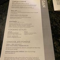 Vegan menu  at The Melting Pot in Sacramento
