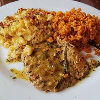 Chicken, mac n' cheese and rice at Seasoned Vegan in New York City