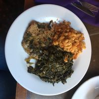 Entree, Smothered chicken (very good) with Mac 'n cheese (average) and collard greens (very good) at Seasoned Vegan in New York City