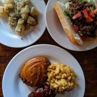 "mashed" parsley potatoes, chopped cheese, bbq riblets with mac and cheese + sweet potato at Seasoned Vegan in New York City