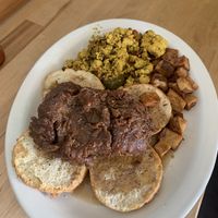 Special - ‘honey’ butter  chickn n biscuits with tofu scramble and home fries   at Sweet Pea Cafe in Tallahassee