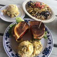 Buffalo fried tofu sandwich, potato salad, hevous rancheros   at Sweet Pea Cafe in Tallahassee