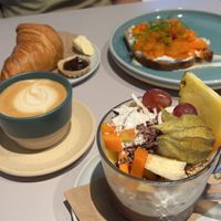 Acai Bowl - Carrot Salmon Bread - Croissant with chocolate spread   at Kaffeemacherei in Frankfurt