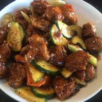 Vegan Black Pepper Chicken. Crispy Vegan Fried Chicken, Zucchini, Carrot, Celery, Garlic Black Pepper Sauce at Kung Pao Bistro in West Hollywood