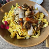 Fettuccini a la huancaina con saltado  at El Chino Vegano in Lima