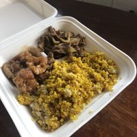 Quinoa, “beef”, and “pork belly"  at The Vegan Shop in Hilo