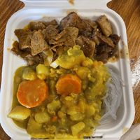 Soy “beef”, “pork” belly, & yellow curry on glass noodles  at The Vegan Shop in Hilo