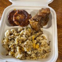 Pumpkin fried rice, “pork” belly, and “egg” Pattie's  at The Vegan Shop in Hilo