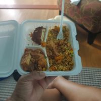 Fried rice, fish cake, and meatballs at The Vegan Shop in Hilo