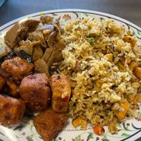 Lunch plate - fried rice, tofu, “beef”   at The Vegan Shop in Hilo